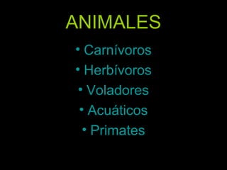 ANIMALES
• Carnívoros
• Herbívoros
• Voladores
• Acuáticos
• Primates
 