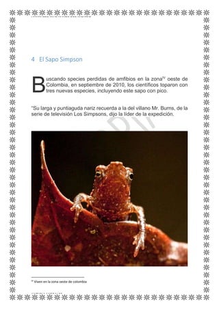 ANIMALES MÁS RAROS DEL MUNDO
KATYRIA MORALES
4 El Sapo Simpson
uscando species perdidas de amfibios en la zonaIV
oeste de
Colombia, en septiembre de 2010, los científicos toparon con
tres nuevas especies, incluyendo este sapo con pico.
“Su larga y puntiaguda nariz recuerda a la del villano Mr. Burns, de la
serie de televisión Los Simpsons, dijo la líder de la expedición.
IV
Viven en la zona oeste de colombia
B
 