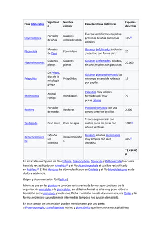 Filos bilaterales
Significad
o
Nombre
común
Características distintivas
Especies
descritas
Onychophora
Portador
de uñas
Gusanos
aterciopelados
Cuerpo vermiforme con patas
provistas de uñas quitinosas
apicales
16520
Phoronida
Maestra
de Zeus
Foronídeos
Gusanos Lofoforados tubícolas
; intestino con forma de U
20
Platyhelminthes
Gusanos
planos
Gusanos
planos
Gusanos acelomados, ciliados,
sin ano; muchos son parásitos
20.000
Priapulida
De Príapo,
dios de la
mitología
griega
Priapúlidos
Gusanos pseudocelomados co
n trompa extensible rodeada
por papilas
16
Rhombozoa
Animal
rombo
Rombozoos
Parásitos muy simples
formados por muy
pocas células
70
Rotifera
Portador
de ruedas
Rotíferos
Pseudocelomados con una
corona anterior de cilios
2.200
Tardigrada Paso lento Osos de agua
Tronco segmentado con
cuatro pares de patas con
uñas o ventosas
100020
Xenacoelomorp
ha
Extraño
sin
intestino
Xenacelomorfo
s
Gusanos ciliados acelomados
muy simples con saco
intestinal
46522
~1.454.00
0
En esta tabla no figuran los filos Echiura, Pogonophora, Sipuncula y Orthonectida los cuales
han sido reclasificados en Annelida,23
y el filo Acanthocephala el cual fue reclasificado
en Rotifera.24
El filo Myxozoa ha sido reclasificado en Cnidaria y el filo Monoblastozoa es de
dudosa existencia.
Origen y documentación fósil[editar]
Mientras que en las plantas se conocen varias series de formas que conducen de la
organización unicelular a la pluricelular, en el Reino Animal se sabe muy poco sobre la
transición entre protozoos y metazoos. Dicha transición no está documentada por fósiles y las
formas recientes supuestamente intermedias tampoco nos ayudan demasiado.
En este campo de la transición pueden mencionarse, por una parte,
a Proterospongia, coanoflagelado marino y planctónico que forma una masa gelatinosa
 