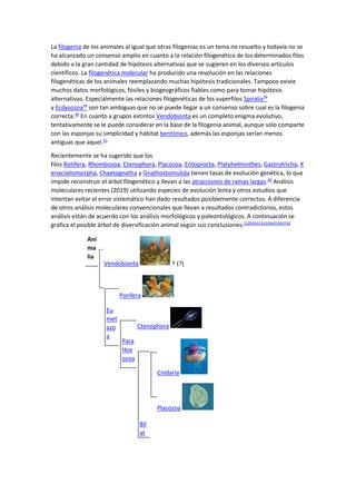 La filogenia de los animales al igual que otras filogenias es un tema no resuelto y todavía no se
ha alcanzado un consenso amplio en cuanto a la relación filogenética de los determinados filos
debido a la gran cantidad de hipótesis alternativas que se sugieren en los diversos artículos
científicos. La filogenética molecular ha producido una revolución en las relaciones
filogenéticas de los animales reemplazando muchas hipótesis tradicionales. Tampoco existe
muchos datos morfológicos, fósiles y biogeográficos fiables como para tomar hipótesis
alternativas. Especialmente las relaciones filogenéticas de los superfilos Spiralia38
y Ecdysozoa39
son tan ambiguas que no se puede llegar a un consenso sobre cual es la filogenia
correcta.40
En cuanto a grupos extintos Vendobionta es un completo enigma evolutivo,
tentativamente se le puede considerar en la base de la filogenia animal, aunque solo comparte
con las esponjas su simplicidad y hábitat bentónico, además las esponjas serían menos
antiguas que aquel.41
Recientemente se ha sugerido que los
filos Rotifera, Rhombozoa, Ctenophora, Placozoa, Entoprocta, Platyhelminthes, Gastrotricha, X
enacoelomorpha, Chaetognatha y Gnathostomulida tienen tasas de evolución genética, lo que
impide reconstruir el árbol filogenético y llevan a las atracciones de ramas largas.40
Análisis
moleculares recientes (2019) utilizando especies de evolución lenta y otros estudios que
intentan evitar el error sistemático han dado resultados posiblemente correctos. A diferencia
de otros análisis moleculares convencionales que llevan a resultados contradictorios, estos
análisis están de acuerdo con los análisis morfológicos y paleontológicos. A continuación se
grafica el posible árbol de diversificación animal según sus conclusiones:2329303132333435363742
Ani
ma
lia
Vendobionta † (?)
Porifera
Eu
met
azo
a
Ctenophora
Para
Hox
ozoa
Cnidaria
Placozoa
Bil
at
 