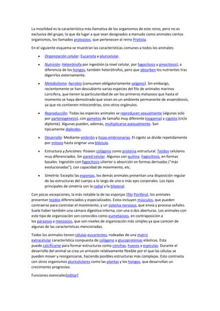La movilidad es la característica más llamativa de los organismos de este reino, pero no es
exclusiva del grupo, lo que da lugar a que sean designados a menudo como animales ciertos
organismos, los llamados protozoos, que pertenecen al reino Protista.
En el siguiente esquema se muestran las características comunes a todos los animales:
 Organización celular: Eucariota y pluricelular.
 Nutrición: Heterótrofa por ingestión (a nivel celular, por fagocitosis y pinocitosis), a
diferencia de los hongos, también heterótrofos, pero que absorben los nutrientes tras
digerirlos externamente.
 Metabolismo: Aerobio (consumen obligatoriamente oxígeno). Sin embargo,
recientemente se han descubierto varias especies del filo de animales marinos
Loricifera, que tienen la particularidad de ser los primeros metazoos que hasta el
momento se haya demostrado que vivan en un ambiente permanente de anaerobiosis,
ya que no contienen mitocondrias, sino otros orgánulos.
 Reproducción: Todas las especies animales se reproducen sexualmente (algunas solo
por partenogénesis), con gametos de tamaño muy diferente (oogamia) y cigotos (ciclo
diplonte). Algunas pueden, además, multiplicarse asexualmente. Son
típicamente diploides.
 Desarrollo: Mediante embrión y hojas embrionarias. El cigoto se divide repetidamente
por mitosis hasta originar una blástula.
 Estructura y funciones: Poseen colágeno como proteína estructural. Tejidos celulares
muy diferenciados. Sin pared celular. Algunos con quitina. Fagocitosis, en formas
basales. Ingestión con fagocitosis ulterior o absorción en formas derivadas ("más
evolucionadas"), con capacidad de movimiento, etc.
 Simetría: Excepto las esponjas, los demás animales presentan una disposición regular
de las estructuras del cuerpo a lo largo de uno o más ejes corporales. Los tipos
principales de simetría son la radial y la bilateral.
Con pocas excepciones, la más notable la de las esponjas (filo Porifera), los animales
presentan tejidos diferenciados y especializados. Estos incluyen músculos, que pueden
contraerse para controlar el movimiento, y un sistema nervioso, que envía y procesa señales.
Suele haber también una cámara digestiva interna, con una o dos aberturas. Los animales con
este tipo de organización son conocidos como eumetazoos, en contraposición a
los parazoos y mesozoos, que son niveles de organización más simples ya que carecen de
algunas de las características mencionadas.
Todos los animales tienen células eucariontes, rodeadas de una matriz
extracelular característica compuesta de colágeno y glucoproteínas elásticas. Esta
puede calcificarse para formar estructuras como conchas, huesos y espículas. Durante el
desarrollo del animal se crea un armazón relativamente flexible por el que las células se
pueden mover y reorganizarse, haciendo posibles estructuras más complejas. Esto contrasta
con otros organismos pluricelulares como las plantas y los hongos, que desarrollan un
crecimiento progresivo.
Funciones esenciales[editar]
 