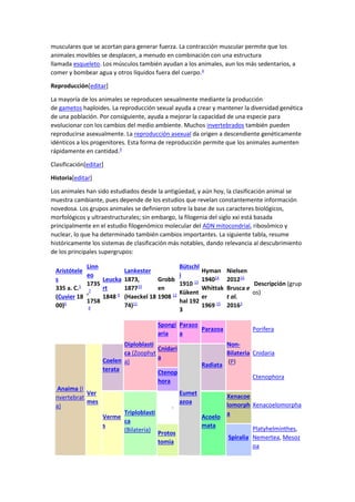 musculares que se acortan para generar fuerza. La contracción muscular permite que los
animales movibles se desplacen, a menudo en combinación con una estructura
llamada esqueleto. Los músculos también ayudan a los animales, aun los más sedentarios, a
comer y bombear agua y otros líquidos fuera del cuerpo.4
Reproducción[editar]
La mayoría de los animales se reproducen sexualmente mediante la producción
de gametos haploides. La reproducción sexual ayuda a crear y mantener la diversidad genética
de una población. Por consiguiente, ayuda a mejorar la capacidad de una especie para
evolucionar con los cambios del medio ambiente. Muchos invertebrados también pueden
reproducirse asexualmente. La reproducción asexual da origen a descendiente genéticamente
idénticos a los progenitores. Esta forma de reproducción permite que los animales aumenten
rápidamente en cantidad.4
Clasificación[editar]
Historia[editar]
Los animales han sido estudiados desde la antigüedad, y aún hoy, la clasificación animal se
muestra cambiante, pues depende de los estudios que revelan constantemente información
novedosa. Los grupos animales se definieron sobre la base de sus caracteres biológicos,
morfológicos y ultraestructurales; sin embargo, la filogenia del siglo xxi está basada
principalmente en el estudio filogenómico molecular del ADN mitocondrial, ribosómico y
nuclear, lo que ha determinado también cambios importantes. La siguiente tabla, resume
históricamente los sistemas de clasificación más notables, dando relevancia al descubrimiento
de los principales supergrupos:
Aristótele
s
335 a. C.5
(Cuvier 18
00)6
Linn
eo
1735
,7
1758
8
Leucka
rt
1848 9
Lankester
1873,
187710
(Haeckel 18
74)11
Grobb
en
1908 12
Bütschl
i
1910 13
Kükent
hal 192
3
Hyman
194014
Whittak
er
1969 15
Nielsen
201216
Brusca e
t al.
20163
Descripción (grup
os)
Diploblasti
ca (Zoophyt
a)
Spongi
aria
Parazo
a
Parazoa
Non-
Bilateria
(P)
Porifera
Anaima (I
nvertebrat
a)
Ver
mes
Coelen
terata
Cnidari
a
Eumet
azoa
Radiata
Cnidaria
Ctenop
hora
Ctenophora
Verme
s
Triploblasti
ca
(Bilateria)
̠
Acoelo
mata
Xenacoe
lomorph
a
Xenacoelomorpha
Protos
tomia
Spiralia
Platyhelminthes,
Nemertea, Mesoz
oa
 