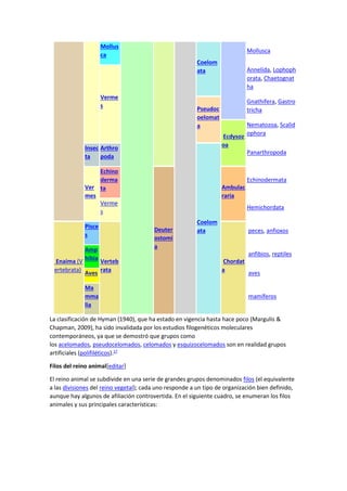 Mollus
ca
Coelom
ata
Mollusca
Verme
s
Annelida, Lophoph
orata, Chaetognat
ha
Pseudoc
oelomat
a
Gnathifera, Gastro
tricha
Ecdysoz
oa
Nematozoa, Scalid
ophora
Insec
ta
Arthro
poda
Coelom
ata
Panarthropoda
Ver
mes
Echino
derma
ta
Deuter
ostomi
a
Ambulac
raria
Echinodermata
Verme
s
Hemichordata
Enaima (V
ertebrata)
Pisce
s
Verteb
rata
Chordat
a
peces, anfioxos
Amp
hibia
anfibios, reptiles
Aves aves
Ma
mma
lia
mamíferos
La clasificación de Hyman (1940), que ha estado en vigencia hasta hace poco (Margulis &
Chapman, 2009), ha sido invalidada por los estudios filogenéticos moleculares
contemporáneos, ya que se demostró que grupos como
los acelomados, pseudocelomados, celomados y esquizocelomados son en realidad grupos
artificiales (polifiléticos).17
Filos del reino animal[editar]
El reino animal se subdivide en una serie de grandes grupos denominados filos (el equivalente
a las divisiones del reino vegetal); cada uno responde a un tipo de organización bien definido,
aunque hay algunos de afiliación controvertida. En el siguiente cuadro, se enumeran los filos
animales y sus principales características:
 
