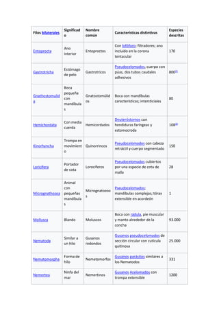 Filos bilaterales
Significad
o
Nombre
común
Características distintivas
Especies
descritas
Entoprocta
Ano
interior
Entoproctos
Con lofóforo; filtradores; ano
incluido en la corona
tentacular
170
Gastrotricha
Estómago
de pelo
Gastrotricos
Pseudocelomados, cuerpo con
púas, dos tubos caudales
adhesivos
80021
Gnathostomulid
a
Boca
pequeña
con
mandíbula
s
Gnatostomúlid
os
Boca con mandíbulas
características; intersticiales
80
Hemichordata
Con media
cuerda
Hemicordados
Deuteróstomos con
hendiduras faríngeas y
estomocroda
10820
Kinorhyncha
Trompa en
movimient
o
Quinorrincos
Pseudocelomados con cabeza
retráctil y cuerpo segmentado
150
Loricifera
Portador
de cota
Lorocíferos
Pseudocelomados cubiertos
por una especie de cota de
malla
28
Micrognathozoa
Animal
con
pequeñas
mandíbula
s
Micrognatozoo
s
Pseudocelomados;
mandíbulas complejas; tórax
extensible en acordeón
1
Mollusca Blando Moluscos
Boca con rádula, pie muscular
y manto alrededor de la
concha
93.000
Nematoda
Similar a
un hilo
Gusanos
redondos
Gusanos pseudocelomados de
sección circular con cutícula
quitinosa
25.000
Nematomorpha
Forma de
hilo
Nematomorfos
Gusanos parásitos similares a
los Nematodos
331
Nemertea
Ninfa del
mar
Nemertinos
Gusanos Acelomados con
trompa extensible
1200
 