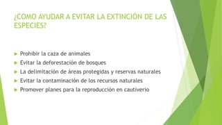 ¿COMO AYUDAR A EVITAR LA EXTINCIÓN DE LAS
ESPECIES?
 Prohibir la caza de animales
 Evitar la deforestación de bosques
 La delimitación de áreas protegidas y reservas naturales
 Evitar la contaminación de los recursos naturales
 Promover planes para la reproducción en cautiverio
 
