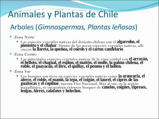 Animales y Plantas de Chile   Arboles ( Gimnospermas, Plantas leñosas ) Zona Norte Las especies vegetales nativas del desierto chileno son el  algarrobo, el pimiento y el chañar . Dentro de las pocas especies vegetales nativas, allí crecen  la llareta, la queñoa, el coirón y el cactus candelario . Zona Centro Las principales especies vegetales nativas de la zona central son  el arrayán, el belloto, el chagual, el espino, el maitén, el molle, la palma chilena, el roble, el guayacán, el litre, el quillay, el peumo y el bollen. Zona Sur Los bosques son ricos en especies vegetales nativas como  la araucaria, el alerce, el roble, el manió, la tepa, el coigüe, el laurel, el ciprés de las guaitecas y el copihue , nuestra Flor Nacional. Más al sur, en la región magallánica, se encuentran extensos bosques de  canelos, coigües, cipreses, lengas, ñirres, calafates y helechos. 