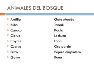 ANIMALES DEL BOSQUE ,[object Object],[object Object],[object Object],[object Object],[object Object],[object Object],[object Object],[object Object]