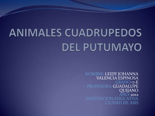 NOMBRE-LEIDY JOHANNA
VALENCIA ESPINOSA
GRADO-7-E
PROFESORA-GUADALUPE
QUIJANO
AÑO-2012
INSTITUCION EDUCATIVA
CIUDAD DE ASIS
 