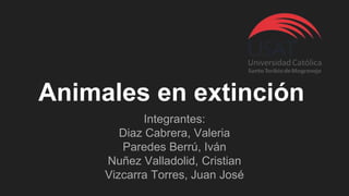 Animales en extinción
Integrantes:
Diaz Cabrera, Valeria
Paredes Berrú, Iván
Nuñez Valladolid, Cristian
Vizcarra Torres, Juan José
 