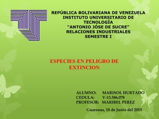 REPÚBLICA BOLIVARIANA DE VENEZUELA
INSTITUTO UNIVERSITARIO DE
TECNOLOGÍA
“ANTONIO JÓSE DE SUCRE”
RELACIONES INDUSTRIALES
SEMESTRE I
ALUMNO: MARISOL HURTADO
CEDULA: V-13.586.078
PROFESOR: MARIBEL PEREZ
Guarenas, 18 de Junio del 2015
ESPECIES EN PELIGRO DE
EXTINCION
 
