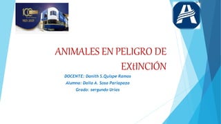 ANIMALES EN PELIGRO DE
EXtINCIÓN
DOCENTE: Danith S.Quispe Ramos
Alumna: Daila A. Sosa Pariapaza
Grado: sergundo Urias
 