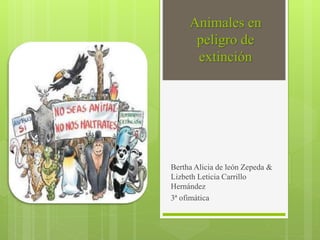Animales en
peligro de
extinción
Bertha Alicia de león Zepeda &
Lizbeth Leticia Carrillo
Hernández
3ª ofimática
 