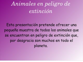 Animales en peligro de extinción Esta presentación pretende ofrecer una pequeña muestra de todos los animales que se encuentran en peligro de extinción que, por desgracia son muchos en todo el planeta.  