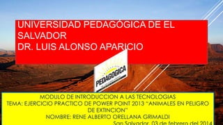 UNIVERSIDAD PEDAGÓGICA DE EL
SALVADOR
DR. LUIS ALONSO APARICIO

MODULO DE INTRODUCCION A LAS TECNOLOGIAS
TEMA: EJERCICIO PRACTICO DE POWER POINT 2013 “ANIMALES EN PELIGRO
DE EXTINCION”
NOMBRE: RENE ALBERTO ORELLANA GRIMALDI

 