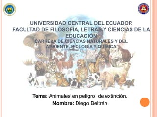 UNIVERSIDAD CENTRAL DEL ECUADOR
FACULTAD DE FILOSOFÍA, LETRAS Y CIENCIAS DE LA
EDUCACIÓN
CARRERA DE CIENCIAS NATURALES Y DEL
AMBIENTE, BIOLOGÍA Y QUÍMICA
Tema: Animales en peligro de extinción.
Nombre: Diego Beltrán
 