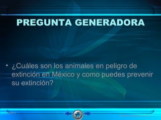 PREGUNTA GENERADORA
• ¿Cuáles son los animales en peligro de
extinción en México y como puedes prevenir
su extinción?
08/06/16 4
Animales en peligro de extinción
 