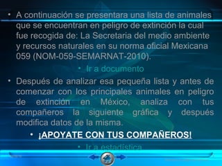 • A continuación se presentara una lista de animales
que se encuentran en peligro de extinción la cual
fue recogida de: La Secretaria del medio ambiente
y recursos naturales en su norma oficial Mexicana
059 (NOM-059-SEMARNAT-2010).
• Ir a documento
• Después de analizar esa pequeña lista y antes de
comenzar con los principales animales en peligro
de extinción en México, analiza con tus
compañeros la siguiente gráfica y después
modifica datos de la misma.
• ¡APOYATE CON TUS COMPAÑEROS!
• Ir a estadística
08/06/16 9
Animales en peligro de extincion
 