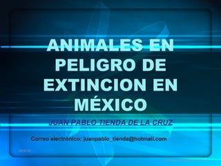 ANIMALES EN
PELIGRO DE
EXTINCION EN
MÉXICO
08/06/16 1
Animales en peligro de extincion
JUAN PABLO TIENDA DE LA CRUZ
Correo electrónico: juanpablo_tienda@hotmail.com
 