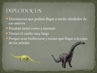 Dinosaurios que podían llegar a medir alrededor de

100 metros
Pesaban tanto como 5 mamuts
Tenían el cuello muy largo
Porque eran herbívoros y tenían que llegar a la copa
de los árboles

 