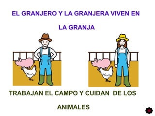 EL GRANJERO Y LA GRANJERA VIVEN EN
LA GRANJA
TRABAJAN EL CAMPO Y CUIDAN DE LOS
ANIMALES