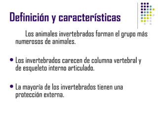 Definición y características
       Los animales invertebrados forman el grupo más
    numerosos de animales. 

   Los invertebrados carecen de columna vertebral y
    de esqueleto interno articulado.

   La mayoría de los invertebrados tienen una
    protección externa.
 