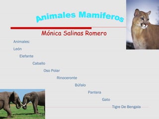 Mónica Salinas Romero
Animales:
León
Elefante
Caballo
Oso Polar
Rinoceronte
Búfalo
Pantera
Gato
Tigre De Bengala

 
