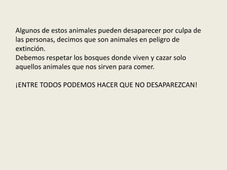 Algunos de estos animales pueden desaparecer por culpa de
las personas, decimos que son animales en peligro de
extinción.
Debemos respetar los bosques donde viven y cazar solo
aquellos animales que nos sirven para comer.
¡ENTRE TODOS PODEMOS HACER QUE NO DESAPAREZCAN!