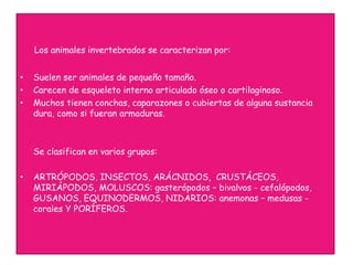 Los animales invertebrados se caracterizan por:
• Suelen ser animales de pequeño tamaño.
• Carecen de esqueleto interno articulado óseo o cartilaginoso.
• Muchos tienen conchas, caparazones o cubiertas de alguna sustancia
dura, como si fueran armaduras.
Se clasifican en varios grupos:
• ARTRÓPODOS, INSECTOS, ARÁCNIDOS, CRUSTÁCEOS,
MIRIÁPODOS, MOLUSCOS: gasterópodos – bivalvos - cefalópodos,
GUSANOS, EQUINODERMOS, NIDARIOS: anemonas – medusas -
corales Y PORÍFEROS.
 