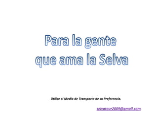 Utilice el Medio de Transporte de su Preferencia.
selvatour2009@gmail.com