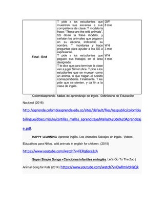 Colombiaaprende. Mallas de aprendizaje de Inglés. ©Ministerio de Educación
Nacional (2016)
http://aprende.colombiaaprende.edu.co/sites/default/files/naspublic/colombia
bilingue/dbacurriculo/cartillas_mallas_aprendizaje/Mallas%20de%20Aprendizaj
e.pdf.
HAPPY LEARNING Aprende inglés. Los Animales Salvajes en Inglés. Videos
Educativos para Niños. wild animals in english for children. (2015)
https://www.youtube.com/watch?v=FERq6sxa2zA
Super Simple Songs - Canciones infantiles en Inglés. Let's Go To The Zoo |
Animal Song for Kids (2014) https://www.youtube.com/watch?v=OwRmivbNgQk
Final - End
T pide a los estudiantes que
muestren sus escenas a sus
compañeros de clase. T modela la
frase: “These are the wild animals”.
SS dicen la frase modelo, y
señalan los animales que pegaron
en su escena, indicando su
nombre. T monitorea y hace
preguntas para ayudar a los SS a
expresarse.
T pide a los estudiantes que
peguen sus trabajos en el área
designada.
T le dice que para terminar la clase
van a jugar Simón dice. T pide a los
estudiantes que se muevan como
un animal, o que hagan el sonido
correspondiente. Finalmente, T les
pide que se sienten, y da fin a la
clase de inglés.
GW
8 min
WH
3 min
WH
4 min
 