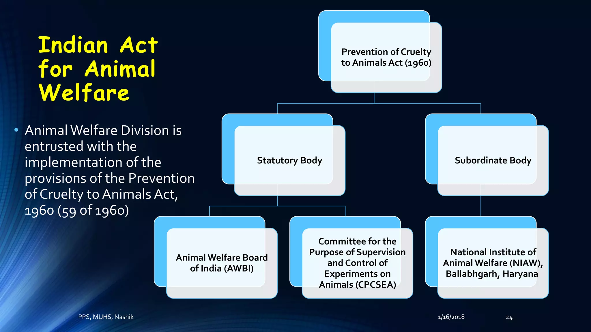 Indian Act
for Animal
Welfare
• AnimalWelfare Division is
entrusted with the
implementation of the
provisions of the Prevention
of Cruelty to Animals Act,
1960 (59 of 1960)
Prevention of Cruelty
to Animals Act (1960)
Statutory Body
Animal Welfare Board
of India (AWBI)
Committee for the
Purpose of Supervision
and Control of
Experiments on
Animals (CPCSEA)
Subordinate Body
National Institute of
Animal Welfare (NIAW),
Ballabhgarh, Haryana
1/16/2018PPS, MUHS, Nashik 24
 