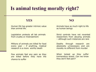 Is animal testing morally right?
YES NO
Human life has greater intrinsic value
than animal life.
Legislation protects all lab animals
from cruelty or mistreatment
Millions of animals are killed for food
every year - if anything, medical
research is a more worthy death
Few animals feel any pain as they
are killed before they have the
chance to suffer
Animals have as much right to life
as human beings
Strict controls have not revented
researchers from abusing animals
– although such instances are rare
Deaths through research are
absolutely unnecessary and are
morally no different from murder
When locked up they suffer
tremendous stress. Can we know
they don't feel pain?
 