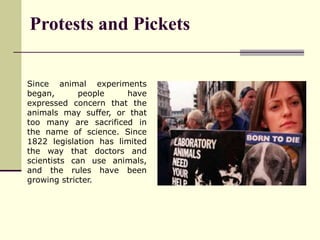 Protests and Pickets
Since animal experiments
began, people have
expressed concern that the
animals may suffer, or that
too many are sacrificed in
the name of science. Since
1822 legislation has limited
the way that doctors and
scientists can use animals,
and the rules have been
growing stricter.
 