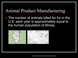 Animal Product Manufacturing The number of animals killed for fur in the U.S. each year is approximately equal to the human population of Illinois.  http://www.veganoutreach.org/advocacy/path.html 