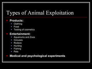 Types of Animal Exploitation Products: Clothing Food Testing of cosmetics Entertainment: Aquariums and Zoos Circuses Rodeos Hunting Fishing Pets Medical and psychological experiments 