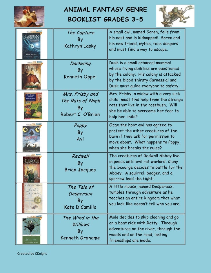 Animal Fantasy Genre Booklist