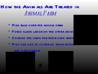 H ow the Anim als Are Treated in
         Animal F arm
   •   Pigs rule over the whole farm
   •
                                                                                                QuickTimeª and a
                                                                                     TIFF (Uncompressed) decompressor


       Force slave labor on the other anim als                                          are needed to see this picture.




   •   C hange the laws for their own agend a
   •   Pigs use lies to cover up their actions
        and past events

                                                           QuickTimeª and a
                  QuickTimeª and a              TIFF (Uncompressed) decompressor
       TIFF (Uncompressed) decompressor




                                            =
                                                   are needed to see this picture.
          are needed to see this picture.
 