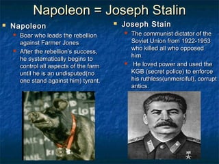 Napoleon = Joseph Stalin
   Napoleon                                 Joseph Stain
       Boar who leads the rebellion
                                                 The communist dictator of the
        against Farmer Jones                      Soviet Union from 1922-1953
                                                  who killed all who opposed
       After the rebellion’s success,
                                                  him.
        he systematically begins to
        control all aspects of the farm
                                                 He loved power and used the
        until he is an undisputed(no              KGB (secret police) to enforce
        one stand against him) tyrant.            his ruthless(unmerciful), corrupt
                                                  antics.
 