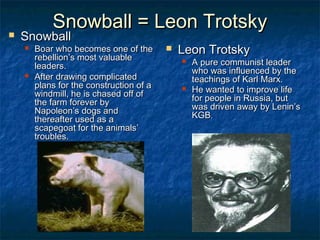 Snowball = Leon Trotsky
   Snowball
       Boar who becomes one of the          Leon Trotsky
        rebellion’s most valuable
        leaders.
                                                 A pure communist leader
                                                  who was influenced by the
       After drawing complicated                 teachings of Karl Marx.
        plans for the construction of a          He wanted to improve life
        windmill, he is chased off of             for people in Russia, but
        the farm forever by                       was driven away by Lenin’s
        Napoleon’s dogs and                       KGB.
        thereafter used as a
        scapegoat for the animals’
        troubles.
 