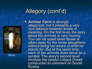 Allegory (cont’d)


Boxer

Animal Farm is strongly
allegorical, but it presents a very
nice balance between levels of
meaning. On the first level, the story
about the animals is very moving.
You can be upset when Boxer is
taken away by the horse slaughterer
without being too aware of what he
stands for. But at the same time,
each of the animals does serve as a
symbol. The story's second level
involves the careful critique Orwell
constructed to comment on Soviet
Russia.

 