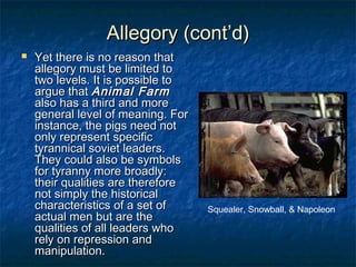 Allegory (cont’d)


Yet there is no reason that
allegory must be limited to
two levels. It is possible to
argue that Animal Farm
also has a third and more
general level of meaning. For
instance, the pigs need not
only represent specific
tyrannical soviet leaders.
They could also be symbols
for tyranny more broadly:
their qualities are therefore
not simply the historical
characteristics of a set of
actual men but are the
qualities of all leaders who
rely on repression and
manipulation.

Squealer, Snowball, & Napoleon

 