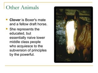 Other Animals
 Clover is Boxer's mate
and a fellow draft horse.
 She represents the
educated, but
essentially naive lower
middle class people
who acquiesce to the
subversion of principles
by the powerful.
 