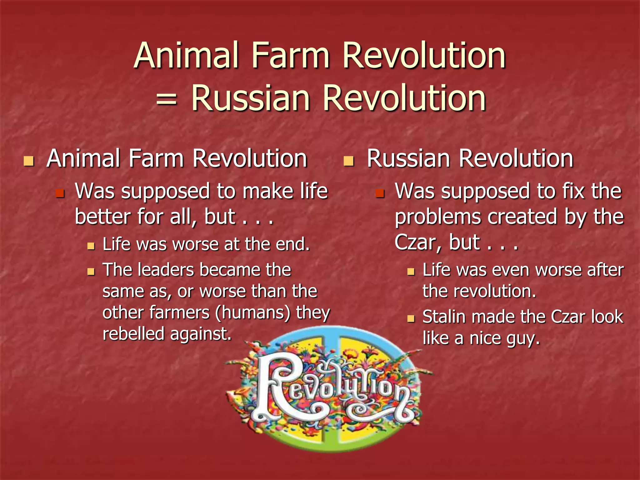 Animal Farm Revolution
= Russian Revolution
 Animal Farm Revolution
 Was supposed to make life
better for all, but . . .
 Life was worse at the end.
 The leaders became the
same as, or worse than the
other farmers (humans) they
rebelled against.
 Russian Revolution
 Was supposed to fix the
problems created by the
Czar, but . . .
 Life was even worse after
the revolution.
 Stalin made the Czar look
like a nice guy.
 
