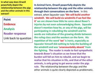 In what way does Orwell
powerfully depict the           In Animal Farm, Orwell powerfully depicts the
relationship between the pigs   relationship between the pigs and the other animals
and the other animals in this   through their conversations on the farm. In this
extract?                        extract, when Squealer says ‘We will build another
                                windmill. We will build six windmills if we feel like
  Point                         it’ we are shown how little he cares about Boxer’s
  Evidence                      injuries by not even acknowledging them. Squealer
                                doesn’t mention how he, or any of the pigs, will be
  Analysis
                                participating in rebuilding the windmill and his
  Reader response               words are indicative of the growing divide between
  Link back to question         the ruling class and the workers on the farm. His
                                repetition of the word ‘we’ is ironic, especially as
                                Squealer himself did nothing to help the building of
                                the windmill and was ‘unaccountably absent’ from
                                the fighting. The reader is made to feel sympathetic
                                towards Boxer’s situation as we know that the
                                burden will fall on him to rebuild, and we begin to
                                realise that his situation in life, and that of the other
                                animals, is only going to get worse under the pigs
                                rule. The relationship between the pigs and the
                                other animals is quite clearly depicted as problematic.
 