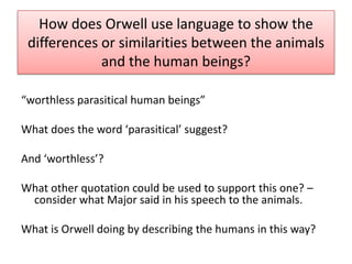 How does Orwell use language to show the
 differences or similarities between the animals
             and the human beings?

“worthless parasitical human beings”

What does the word ‘parasitical’ suggest?

And ‘worthless’?

What other quotation could be used to support this one? –
 consider what Major said in his speech to the animals.

What is Orwell doing by describing the humans in this way?
 