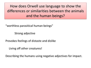 How does Orwell use language to show the
 differences or similarities between the animals
             and the human beings?

“worthless parasitical human beings”

       Strong adjective

Provokes feelings of distaste and dislike

  Living off other creatures!

Describing the humans using negative adjectives for impact.
 