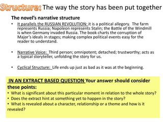 The way the story has been put together
  The novel’s narrative structure
  • It parallels the RUSSIAN REVOLUTION: it is a political allegory. The farm
    represents Russia; Napoleon represents Stalin; the Battle of the Windmill
    is when Germany invaded Russia. The book charts the corruption of
    Major’s ideals in stages; making complex political events easy for the
    reader to understand.

  • Narrative Voice: Third person; omnipotent; detached; trustworthy; acts as
    a typical storyteller, unfolding the story for us.

  • Cyclical Structure: Life ends up just as bad as it was at the beginning.

 IN AN EXTRACT BASED QUESTION Your answer should consider
these points:
• What is significant about this particular moment in relation to the whole story?
• Does the extract hint at something yet to happen in the story?
• What is revealed about a character, relationship or a theme and how is it
revealed?
 