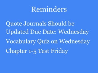 Reminders
Quote Journals Should be
Updated Due Date: Wednesday
Vocabulary Quiz on Wednesday
Chapter 1-5 Test Friday
 