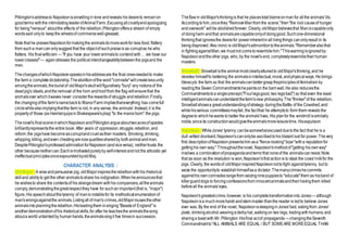 Pilkington'saddressto Napoleonissnivellingin tone andreveals his desireto remainon
goodterms withthe intimidatingleaderofAnimalFarm.Excusingallcrueltyandapologizing
for being"nervous" aboutthe effects of the rebellion,Pilkingtonoffersa stream of empty
wordssaid onlyto keepthe wheelsof commercewell-greased.
Note that he praisesNapoleonformakingthe animalsdomoreworkfor less food; flattery
from sucha mancanonlysuggest that the objectof suchpraiseis as corruptas he who
flatters. His final witticism —"If you have your loweranimalsto contendwith… we have our
lowerclasses!"— againstresses the politicalinterchangeabilitybetweenthe pigsand the
men.
ThechangesofwhichNapoleonspeaksinhisaddressare the final onesneededto make
the farm a completedictatorship.Theabolitionofthe word"comrade"willcreatelessunity
amongtheanimals,theburialof oldMajor'sskullwillfiguratively "bury" any notionsof the
deadpig's ideals,andthe removal of the horn andhoof from the flag willensurethat the
animalsover whichitwaves never considertherewardsof struggle andrebellion.Finally,
the changingofthe farm'snamebackto ManorFarm impliesthateverything has comefull
circlewhilealsoimplyingthatthe farm is not, in any sense, the animals'.Instead,it is the
propertyof those (as HamletquipsinShakespeare'splay) "to the manorborn":the pigs.
Thenovel's final sceneinwhichNapoleonandPilkingtonargueabouttwoacesof spades
brilliantlyrepresentsthe entire book: After years of oppression,struggle,rebellion,and
reform,the pigshave become ascorruptandcruelastheir masters. Smoking,drinking,
whipping,killing,andeven cheatingarenowqualitiessharedby bothanimalandman.
DespitePilkington'sprofessedadmirationforNapoleon(andviceversa), neithertrusts the
other becauseneithercan:Eachismotivatedpurelyby self-interest andnot the altruistic yet
ineffectual principlesonceexpoundedbyoldMaj.
CHARACTER ANALYSIS :
Old Major :A wiseandpersuasive pig, oldMajorinspirestherebellionwithhis rhetorical
skilland abilityto get the other animalstoshare his indignation.Whenheannouncesthat
he wishesto share the contentsof his strangedream withhis companions,alltheanimals
comply,demonstratingthegreatrespectthey have for suchan important(that is, "major")
figure. His speechaboutthetyranny of manis notablefor its methodicalenumerationof
man'swrongsagainstthe animals.Listingallof man's crimes,oldMajorrousestheother
animalsintoplanningtherebellion.Hisleadingthem insinging"Beastsof England"is
anotherdemonstrationofhis rhetoricalskills,for after he teachesthe animalsthesong
abouta world untaintedby humanhands,theanimalssingit five timesin succession.
Theflawin oldMajor'sthinkingis that he placestotalblameonman for allthe animals'ills.
Accordingtohim,oncethey "RemoveManfrom the scene,"then"the root causeof hunger
andoverwork" willbe abolishedforever. Clearly, oldMajorbelievesthat Maniscapableonly
of doingharm andthat animalsarecapableonlyof doinggood.Suchone-dimensional
thinkingthat ignoresthe desirefor powerinherentinall livingthings canonlyresult in its
beingdisproved. Also ironic is oldMajor'sadmonitiontotheanimals:"Rememberalsothat
in fightingagainstMan,we mustnot cometoresemblehim."Thiswarningisignoredby
Napoleonandtheother pigs, who, by the novel's end, completelyresembletheirhuman
masters.
Snowball :Snowballisthe animalmostclearlyattunedto oldMajor'sthinking,and he
devotes himselfto bettering the animalsinintellectual,moral,andphysicalways. He brings
literacyto the farm so that the animalscanbettergrasptheprinciplesofAnimalism by
readingthe Seven Commandmentshepaintson the barnwall.He also reducesthe
Commandmentstoa singleprecept("Fourlegsgood, two legsbad") so that even the least
intelligentanimalscanunderstandthefarm'snew philosophy.The"thinker"of the rebellion,
Snowballshowsa greatunderstandingofstrategy duringtheBattle of the Cowshed,and
whilehisvarious committeesmayfail, the factthat he attemptsto form them reveals the
degreeto whichhewants to better the animals'lives. His planfor the windmill issimilarly
noble,sinceits constructionwouldgivetheanimalsmoreleisuretime. Hisexpulsion
Napoleon :WhileJones' tyranny canbesomewhatexcusedduetothe fact that he is a
dull-witted drunkard,Napoleon'scanonlybe ascribedtohis blatant lust for power.Thevery
first descriptionofNapoleonpresentshim asa "fierce-looking"boar"witha reputationfor
gettinghis own way." Throughoutthenovel, Napoleon'smethodof"getting his ownway"
involves a combinationofpropagandaandterrorthat noneof the animalscanresist.Note
that as soon as the revolution is won,Napoleon'sfirst actionis to steal the cows'milkfor the
pigs. Clearly, the wordsof oldMajorinspiredNapoleonnottofight againsttyranny, but to
seize the opportunityto establishhimselfasa dictator.Themanycrimeshecommits
againsthis owncomradesrangefrom seizingninepuppiesto "educate"them as hisband of
killerguarddogs to forcingconfessionsfrom innocentanimalsandthenhavingthem killed
beforeall the animals'eyes.
Napoleon'sgreatestcrime,however,is his completetransformationinto Jones— although
Napoleonisa muchmoreharshandsternmaster thanthe reader is ledto believe Jones
ever was. By the end of the novel, NapoleonissleepinginJones'bed, eatingfrom Jones'
plate, drinkingalcohol,wearinga derbyhat, walkingon two legs, tradingwithhumans,and
sharinga toast with Mr. Pilkington.Hisfinal actof propaganda —changingtheSeventh
Commandmentto"ALL ANIMALS ARE EQUAL / BUT SOMEARE MOREEQUAL THAN
 