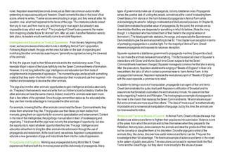 novel, NapoleonessentiallybecomesJonesjustas Stalinbecomesanautocratafter
pretendingto espouseequalityand freedom.Orwellcementsthisideain the book’sfinal
scene,wherehe writes, “Twelvevoiceswereshoutingin anger,and they wereallalike. No
question,now, what hadhappenedtothe faces of the pigs. Thecreaturesoutsidelooked
from pig to man,and from manto pig, andfrom pigto managain;but alreadyit was
impossibletosay whichwaswhich”.Thecircularityof Orwell’sstoryprevents the reader
from imaginingabetterfuture for AnimalFarm.After all,even if anotherRebellionwereto
take place,its leaderswouldeventuallycometoemulateNapoleon.
IntelligenceandEducation asToolsofOppression :From thevery beginningofthe
novel, we becomeawareofeducation’sroleinstratifying AnimalFarm’spopulation.
FollowingMajor’sdeath,thepigs arethe ones that take on the task of organizingand
mobilizingtheother animalsbecausetheyare “generallyrecognizedas being thecleverest
of the animals”.
At first, the pigsare loyal to theirfellowanimalsandto the revolutionarycause.They
translate Major’svisionof the future faithfully into the Seven CommandmentsofAnimalism.
However, it is not longbeforethe pigs’intelligenceandeducationturnfrom toolsof
enlightenmenttoimplementsof oppression.Themomentthepigs arefacedwith something
material that they want—thefresh milk—theyabandontheirmoralsandusetheir superior
intellectandknowledgetodeceivethe other animals.
Thepigsalsolimitthe other animals’opportunitiestogainintelligenceandeducationearly
on. Theyteachthemselvesto readandwrite from a children’sbookbutdestroy it before the
other animalscanhavethe samechance.Indeed,mostof the animalsneverlearnmore
than a few letters of the alphabet.Oncethe pigscementtheirstatus as the educatedelite,
they use their mental advantageto manipulatetheotheranimals.
Forexample,knowingthatthe otheranimalscannotreadtheSeven Commandments,they
revise them wheneverthey like. Thepigsalsouse theirliteracyto learntrades from
manuals,givingthem an opportunityfor economic specializationandadvancement.Content
in the roleof the intelligentsia,thepigsforgo manuallaborinfavor of bookkeepingand
organizing.Thisshowsthat the pigs have not only the advantageof opportunity, but also
the opportunityto rejectwhatever opportunitiesthey like.Thepigs’intelligenceand
educationallowthem tobringthe other animalsintosubmissionthroughtheuseof
propagandaandrevisionism.At the book’send, we witness Napoleon’spreparationsto
educateanew generationofpigs and indoctrinatethem intothe codeofoppression.
Propagandaand Duplicity:Workingasa propagandistduringWorldWar II, Orwell
experiencedfirsthandboththeimmensepowerandthedishonestyof propaganda.Many
types of governmentsmakeuse of propaganda,notonly totalitarianones.Propaganda
serves the positive task of unitingthe people,sometimesatthe costof misleadingthem.
Orwelltakes a firm stanceon the harmfulnessofpropagandainAnimalFarm while
acknowledgingitsvaluefor rallyinga mistreatedanddisillusionedpopulace.InChapterIX,
Orwelldemonstratesthepositive value of propaganda.By this point, the animalsareso
downtroddenthatthey are desperatefor somethinginwhichtobelieve. (Note the irony,
though:it is Napoleonwhohasrobbedthem of their beliefin the originalversionof
Animalism.)Thefalselyoptimistic statistics,thesongs, andespeciallythe Spontaneous
Demonstrationsgivethe animalssomethingtolive for. Thischapterisan exceptioninterms
of portraying propagandaina positive light.For the majorityof AnimalFarm,Orwell
skewerspropagandaandexposesits natureas deception.
Squealerrepresentsa totalitariangovernment’spropagandamachine.Eloquenttoa fault,
he canmaketheanimalsbelievealmostanything. ThisfactisespeciallclearinSquealer’s
interactionswithClover andMuriel.EachtimeClover suspectsthat the Seven
Commandmentshavebeenchanged,Squealermanagestoconvinceherthat she is wrong.
After the executions,Napoleonabolishesthesingingof“Beasts of England”infavor of a
newanthem,the lyrics of whichcontainapromiseneverto harm AnimalFarm.In this
propagandistmaneuver,Napoleonreplacestherevolutionaryspirit of “Beasts of England”
with the exactopposite,a promisenoto rebel.
In additionto beinga sourceof manipulation,propagandaisanagent of fear and terror.
Orwelldemonstratesthisquiteclearlywith Napoleon’svilificationofSnowballandhis
assurancesthatSnowballcouldattacktheanimalsatany minute.He usessimilarfear
tacticsregardingFrederickandPilkington.Themostegregiousexampleofpropagandain
the novel is the maxim that replacestheSeven Commandments:“All animalsareequal/
But someanimalsaremoreequalthanothers.” Theideaof “moreequal”ismathematically
improbableandanonsensicalmanipulationoflanguage,butby this time,the animals are
too brainwashedtonotice.
Violenceand TerrorasMeansofControl :InAnimal Farm,Orwellcriticizestheways that
dictatorsuse violenceand terror to frightentheir populacesintosubmission.Violenceisone
of the yokes from whichtheanimalswishtofree themselveswhenthey preparefor the
Rebellion.Notonlydoes Jonesoverwork the animalsandstealthe productsoftheir labor,
but he canwhipor slaughterthem at his discretion.Oncethepigsgaincontrolofthe
animals,they, likeJones, discoverhowuseful violenceandterror canbe. Theyuse this
knowledgetotheir full advantage. Theforemostexampleofviolenceandterrorin the novel
is the pattern of public executions.Theexecutionscanbesaidto representboth the Red
Terrorandthe GreatPurge, but they stand more broadlyfor the abuseof power.
 